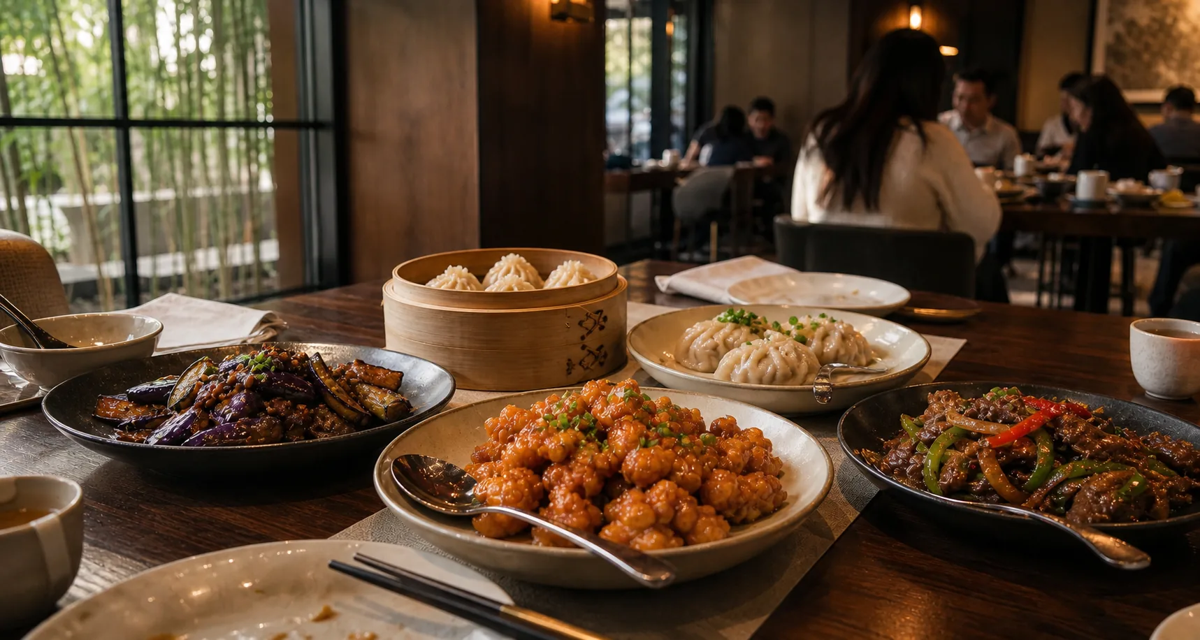 Family-style Chinese dishes on a table in the fictional Golden Dragon dining room