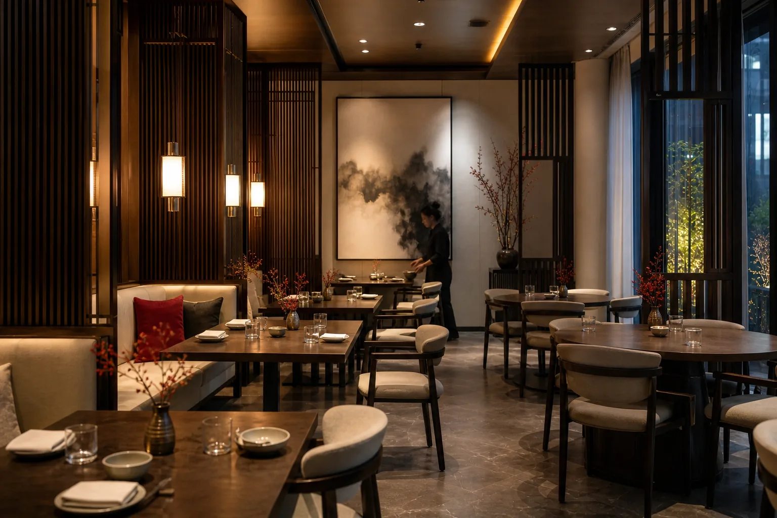 A server setting tables in the warm dining room of the fictional Golden Dragon Restaurant