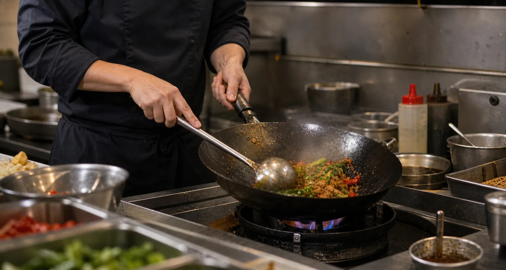 A cook preparing a wok-fired dish during service in the fictional Golden Dragon kitchen