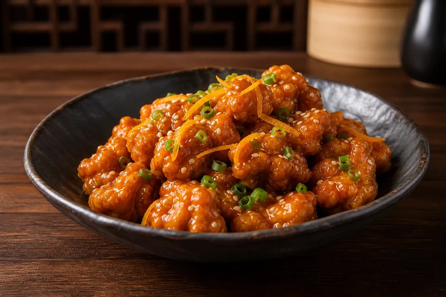 Golden Dragon orange chicken shown as a signature dish in the fictional restaurant menu